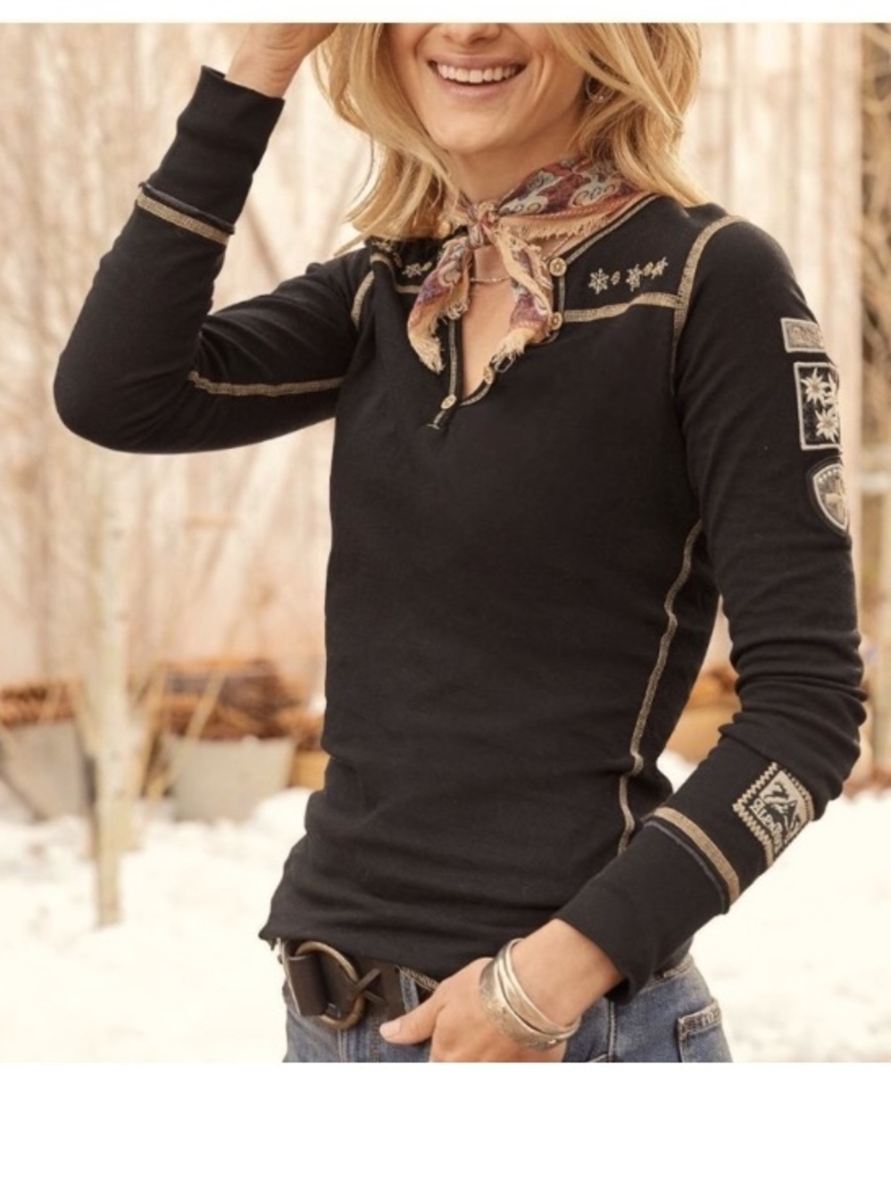 Alp N Rock snow kissed Henley Shirt Snowflake Embroidered Floral top Sz XL